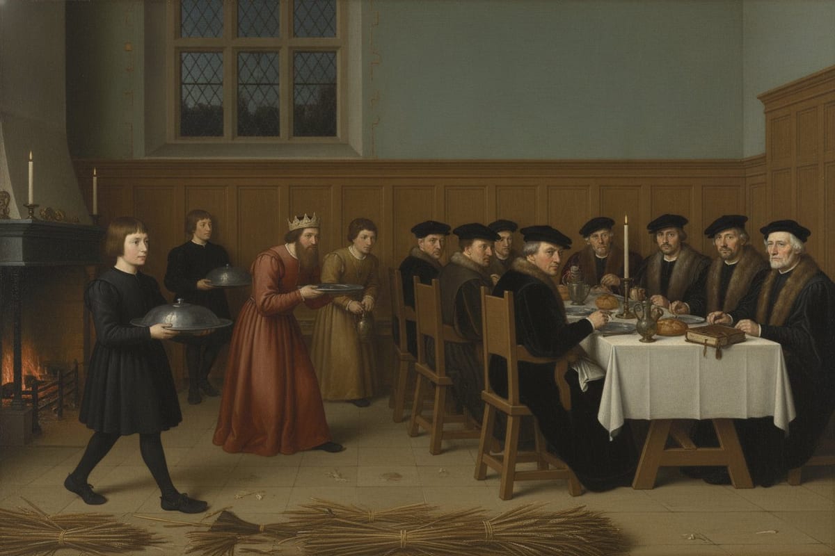 A painting in the Tudor manner of a panelled hall at evening: a dark-haired boy in a plain black page's gown carries a covered pewter dish past a fire, followed by a bearded player in a red gown and crown and by servants with dishes and a jug, while men in fur-collared gowns and black caps sit at a long white-clothed table to the right.