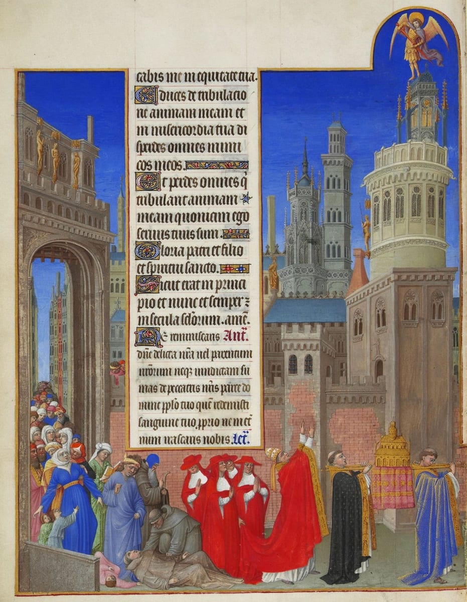 An illuminated manuscript miniature of Pope St. Gregory the Great in a red cope, hands raised, leading a procession of cardinals and clergy through the streets of Rome beneath towers, while St. Michael the Archangel stands atop a tower sheathing a sword.