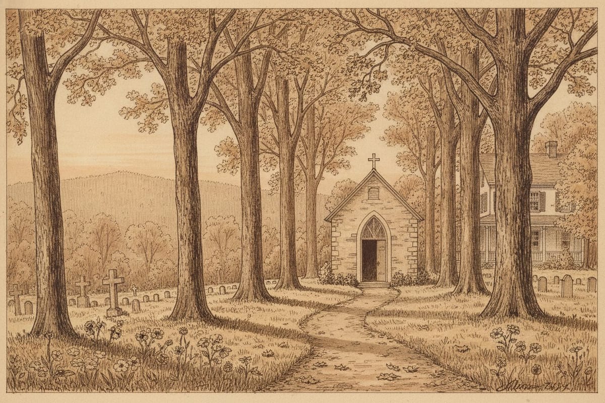 A sepia pen-and-wash drawing of a small stone chapel with an open arched door in a grove of tall autumn oaks, a dirt path leading to it through grass and flowers, rows of small headstones and crosses on either side, a white two-storey house with a porch behind the trees at right, and a wooded ridge under a hazy evening sky.