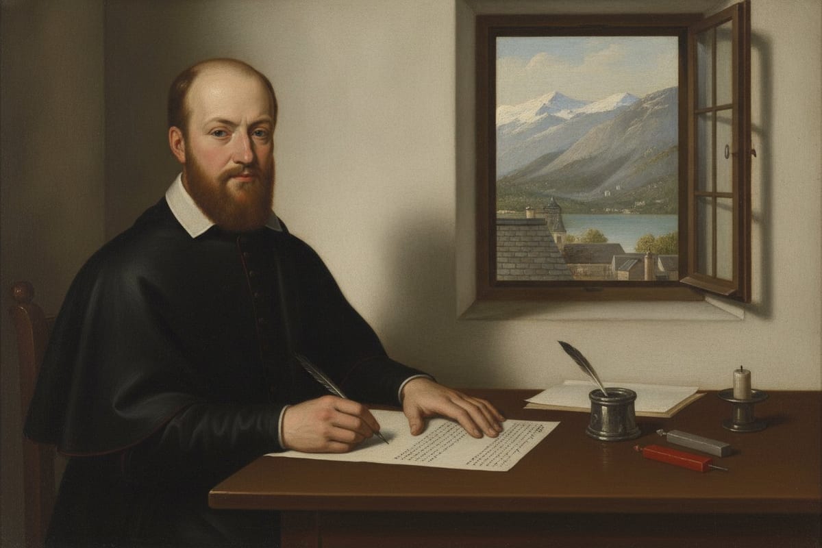 A painting of a young bearded priest in a black cassock with a white collar, sitting at a wooden table and writing a letter with a quill, beside an inkwell and an unlit candle, with an open window showing slate roofs, a lake and snow-capped mountains.