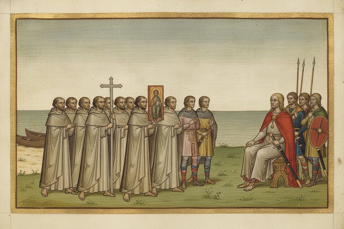 A painted manuscript miniature in a gold frame shows a line of tonsured monks in plain hooded robes walking up from boats on a beach, carrying a tall silver cross and a painted picture of Christ, with two laymen in short tunics among them, toward a fair-haired king in a red cloak who sits on a wooden stool on the grass, with spearmen and a round shield behind him and the sea beyond.