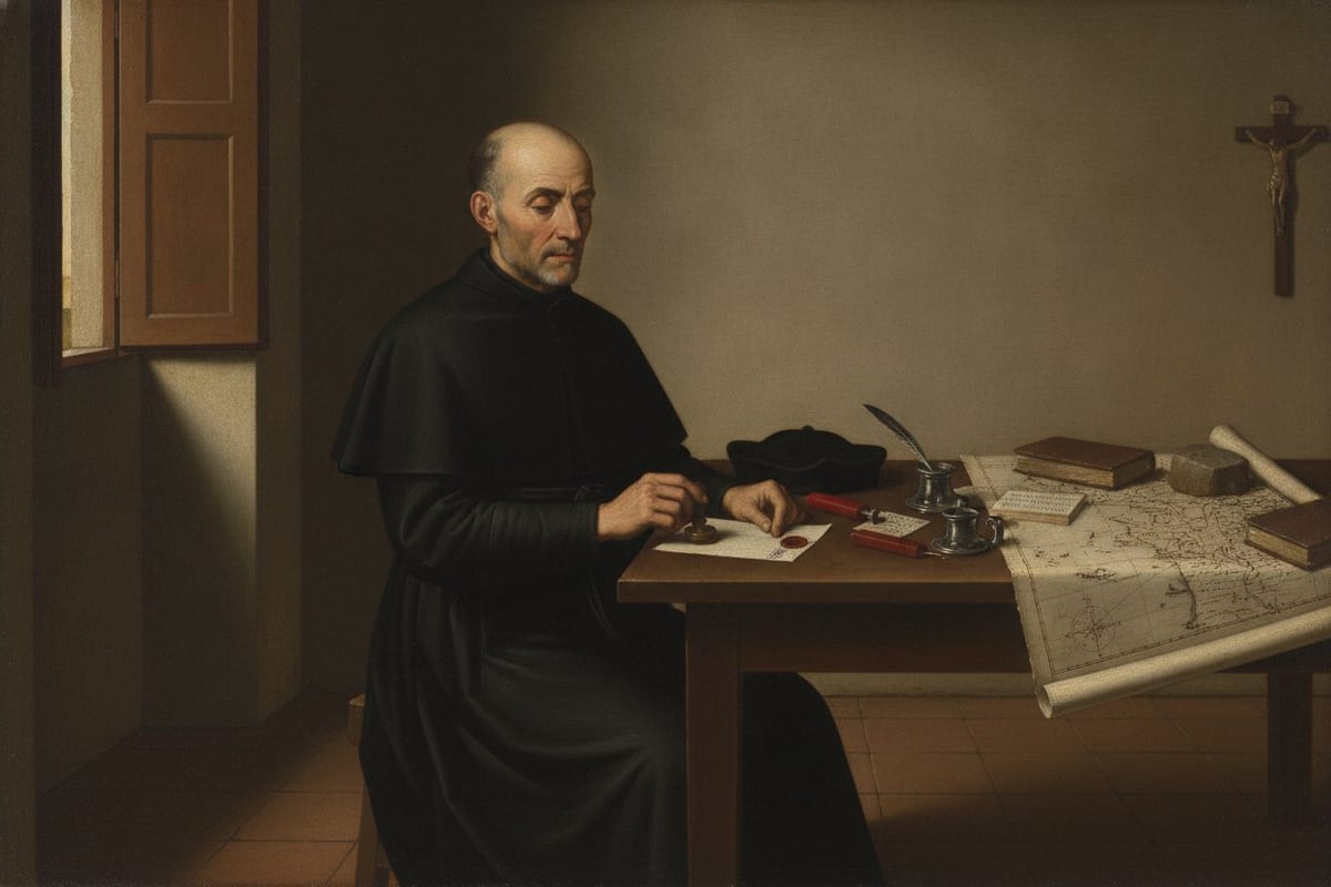 A balding, grey-bearded priest in a black cassock sits at a wooden table by a shuttered window, pressing a seal into red wax on a letter, with an inkstand, books and an unrolled sea chart beside him and a crucifix on the wall.