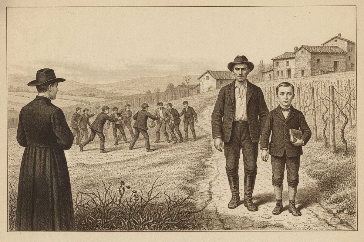 A sepia engraving of a hillside farm with vines, where a man in a felt hat and a slight boy carrying a book walk up a dirt track toward a priest in a black cassock and hat seen from behind, while a group of boys play ball in the field beyond.