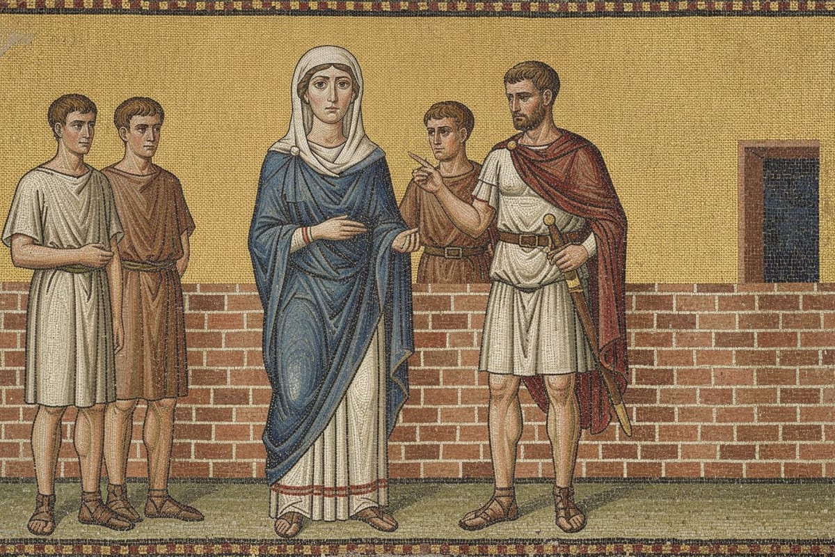 A gold-ground mosaic of a young woman in a deep-blue mantle drawn over a white head-covering, standing before a brick wall, while a bearded Roman officer in a red cloak with a short sword at his hip points towards her, a soldier in brown stands behind them and two young men in plain tunics watch from the left.