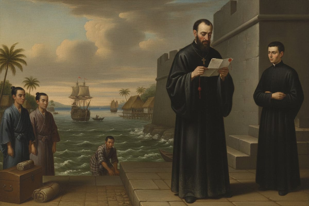 A bearded priest in a black cassock stands on a stone landing below fortress walls reading a letter with a red wax seal, a young priest beside him, two Japanese men with a sea chest at the left and a sailing ship anchored in the harbour behind.