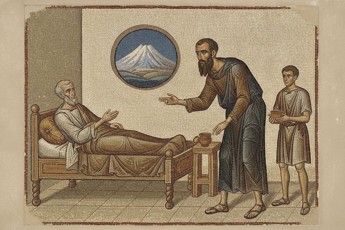 A Byzantine-style mosaic of a thin, dark-bearded man in a dark cloak bending towards a white-haired old man propped up in a wooden bed, while a young servant holds a bowl and a snow-capped mountain shows through a round window behind them.