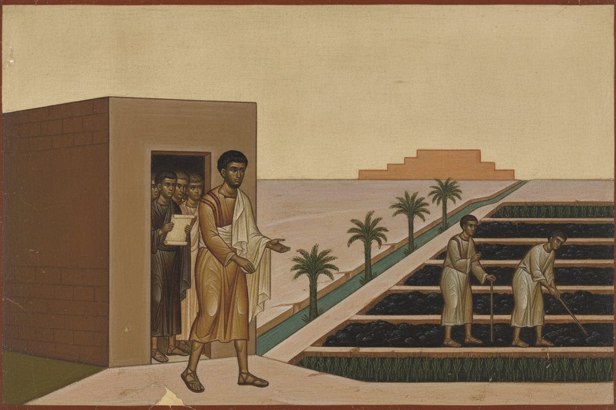 In a flat icon-style painting, a young Egyptian man in an ochre tunic and cream cloak steps out of a mud-brick church where villagers listen to a reader, while to the right two men work irrigated fields lined with palms at the edge of the desert.