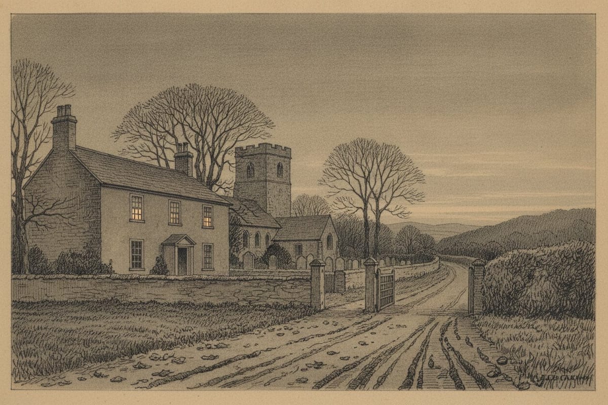 Pen-and-wash drawing of a two-storey stone house with lit upper windows beside a square church tower and churchyard, bare trees, a stone wall and gate, and a rutted lane running away towards dark hills under an evening sky.