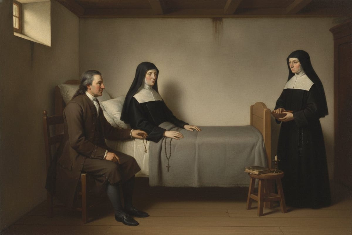 A painting of a bare convent cell lit by a small high window: a nun in a black veil and white linen collar sits up in a narrow wooden bed while a man in a brown coat on a chair beside her rests his hand on her arm, and a second nun stands at the foot of the bed holding a bowl.