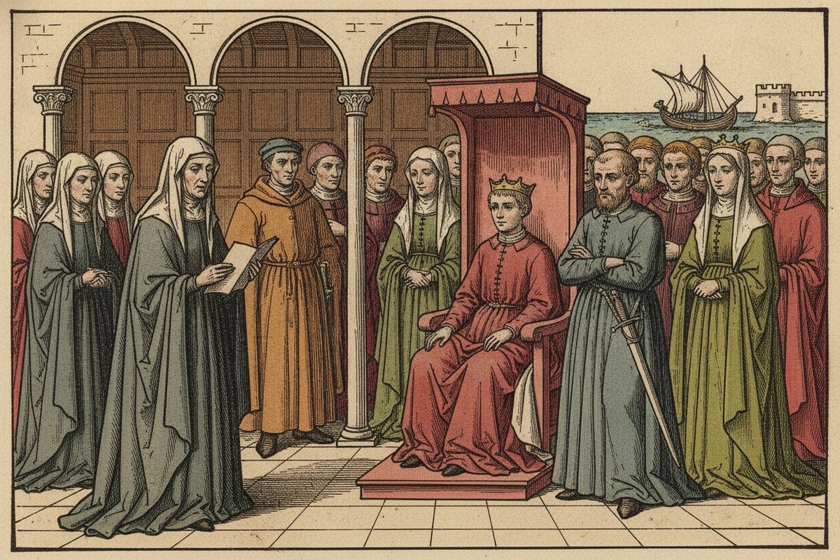 A hand-coloured print of an old woman in a grey mantle and white veil reading from loose pages before a crowned boy on a red throne, a bearded man with folded arms and a sword, a crowned woman and a crowd of courtiers, with a ship and a sea wall seen through the arches behind.