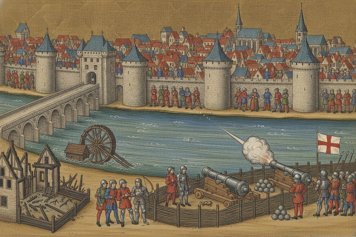 A manuscript-style picture of a walled town with towers and steep roofs across a wide river, a long arched bridge on the left and a broken water mill in the stream, with English soldiers and archers under a red-cross banner firing two great guns from the near bank beside the ruins of burned houses.