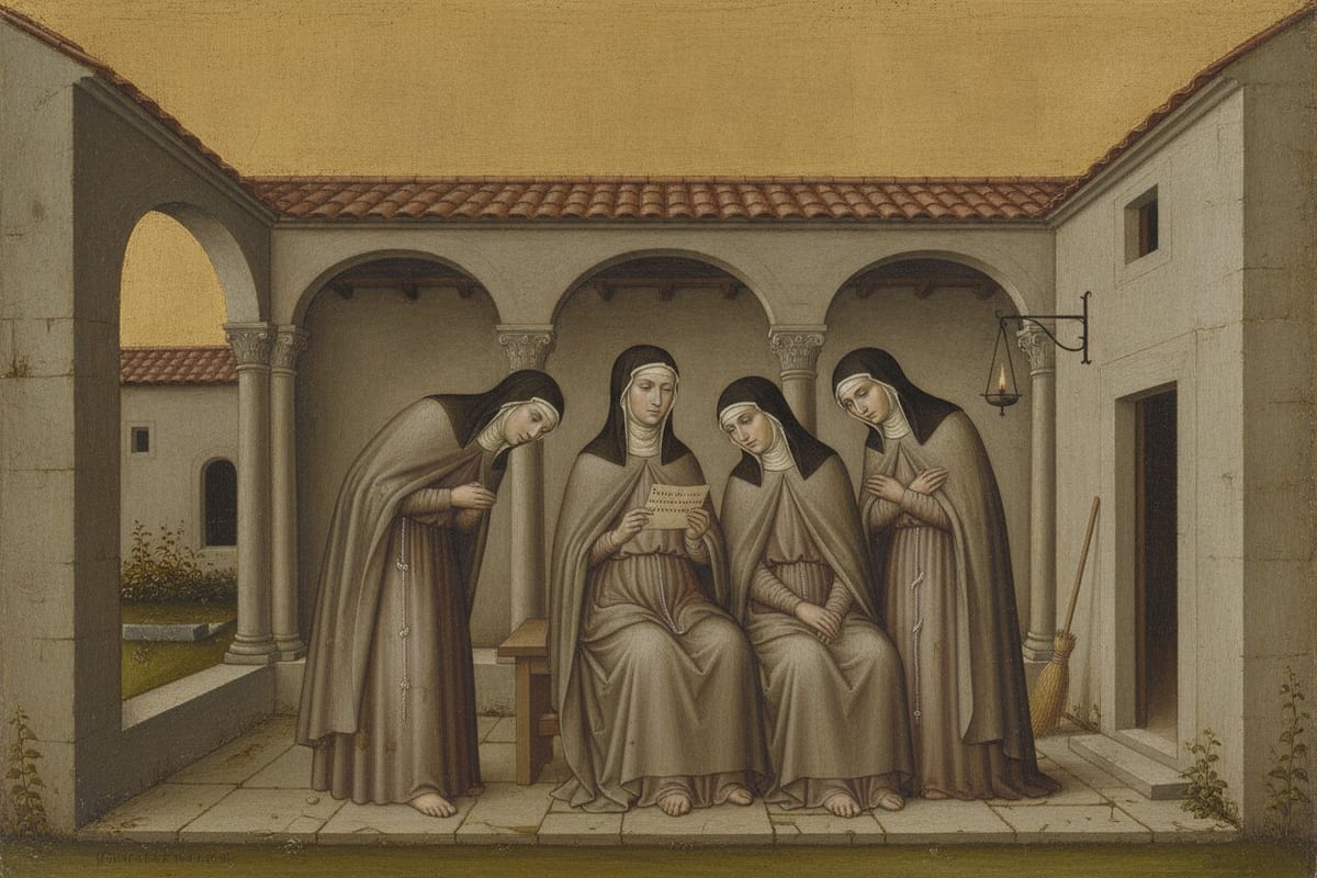 A painting in the manner of an early Italian panel shows four barefoot women in grey-brown habits and dark veils under a stone arcade, the seated one at the centre reading a small sheet of parchment while the others lean in, with an oil lamp burning on a bracket by a doorway.