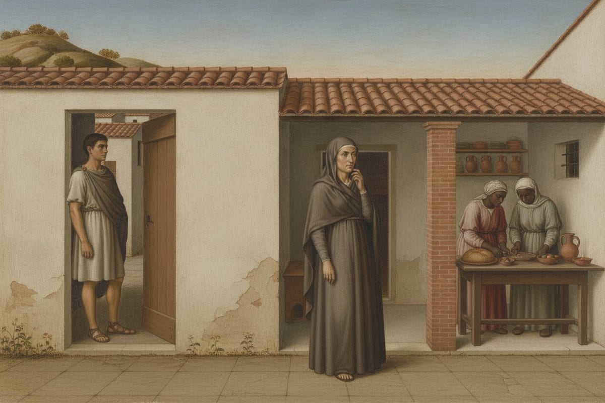A painting in pale fresco colours of a late-Roman town house: a veiled woman in a dark grey-brown mantle stands in the courtyard with a hand at her face, a young man in a tunic and cloak stands at an open door on the left, and two women servants set a table with bread and bowls on the right.