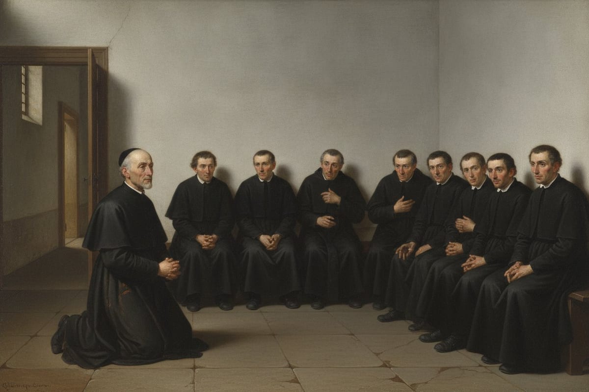 An elderly bald priest in a black soutane and skullcap kneels on a stone floor with his hands joined, facing a row of priests in black seated on a bench along the wall of a bare whitewashed room.