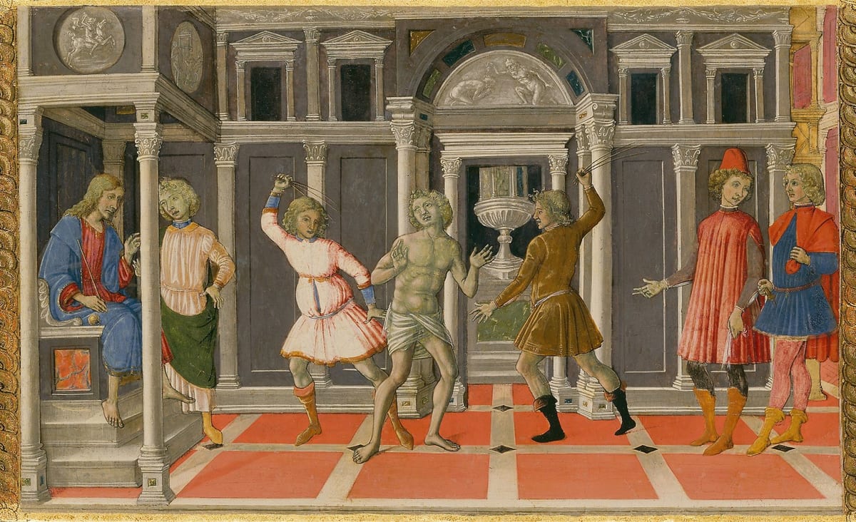 A Renaissance manuscript painting of a judgment hall with classical columns: a bearded, blue-robed judge sits at left as two young men with raised scourges whip a half-naked man in the center, while a group of onlookers watches at right.