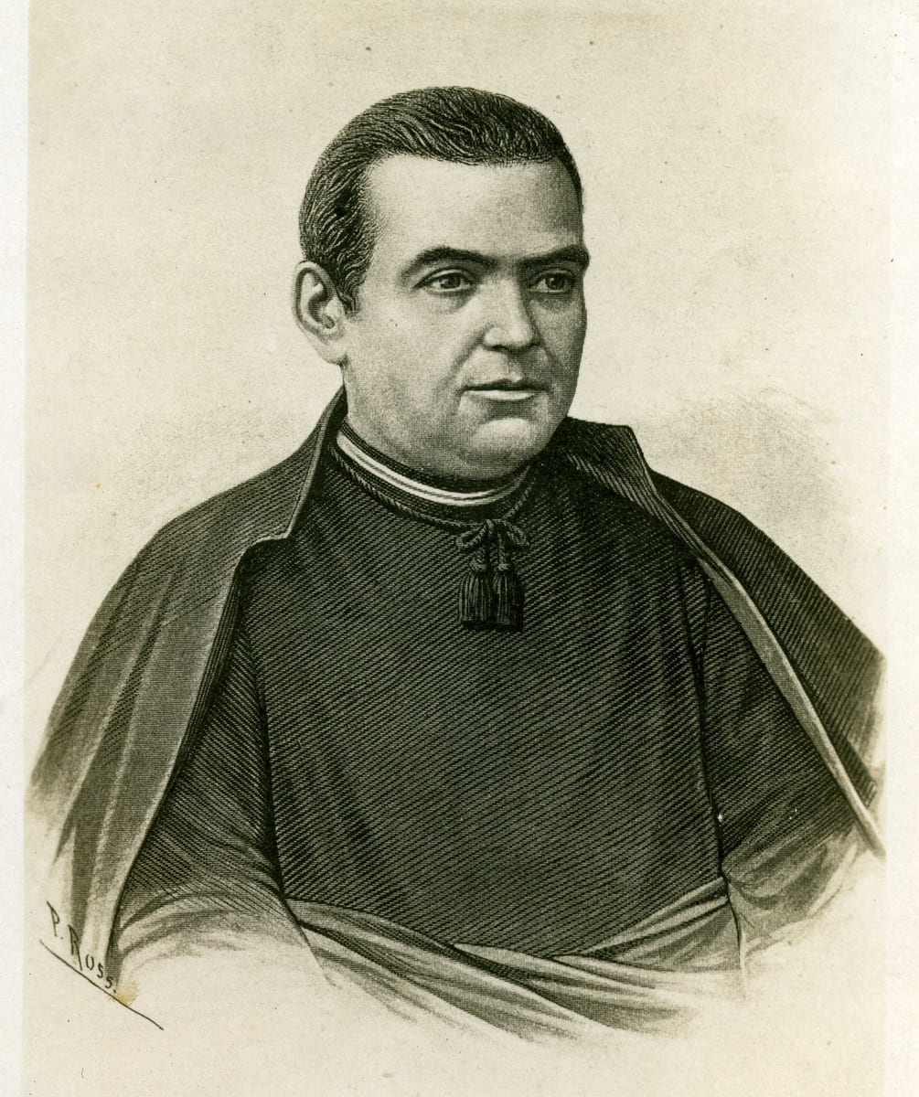 A steel engraving of the young priest, half length, in a black cassock and a black cloak fastened at the throat with a tasselled cord.