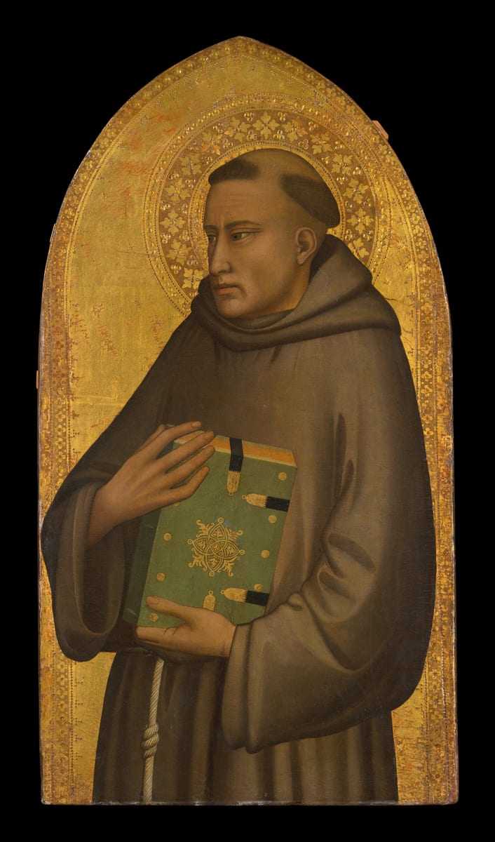 A gold-ground panel of Saint Anthony of Padua standing in the Franciscan habit with a broad tonsure, holding a closed book.