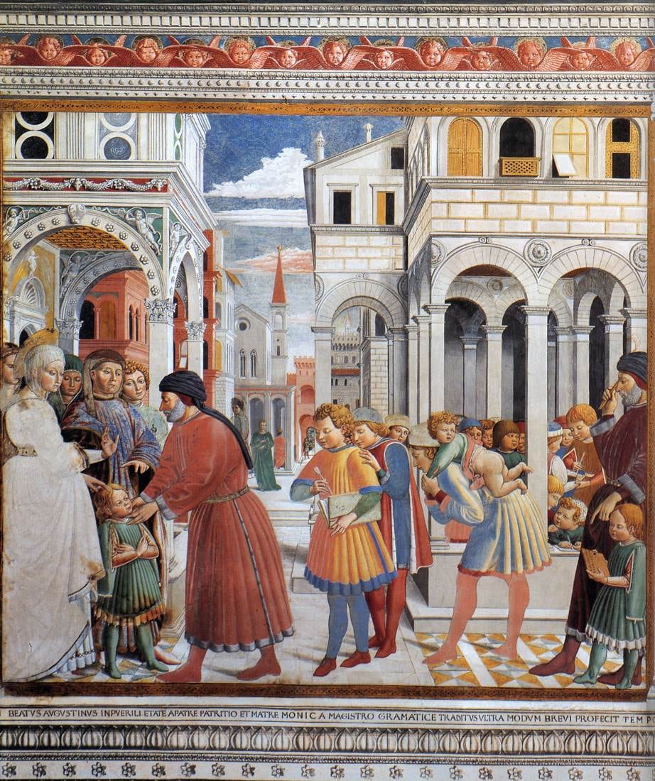 A small boy is brought to a schoolmaster by his parents while another boy is beaten behind them, and at the right he sits at his letters.