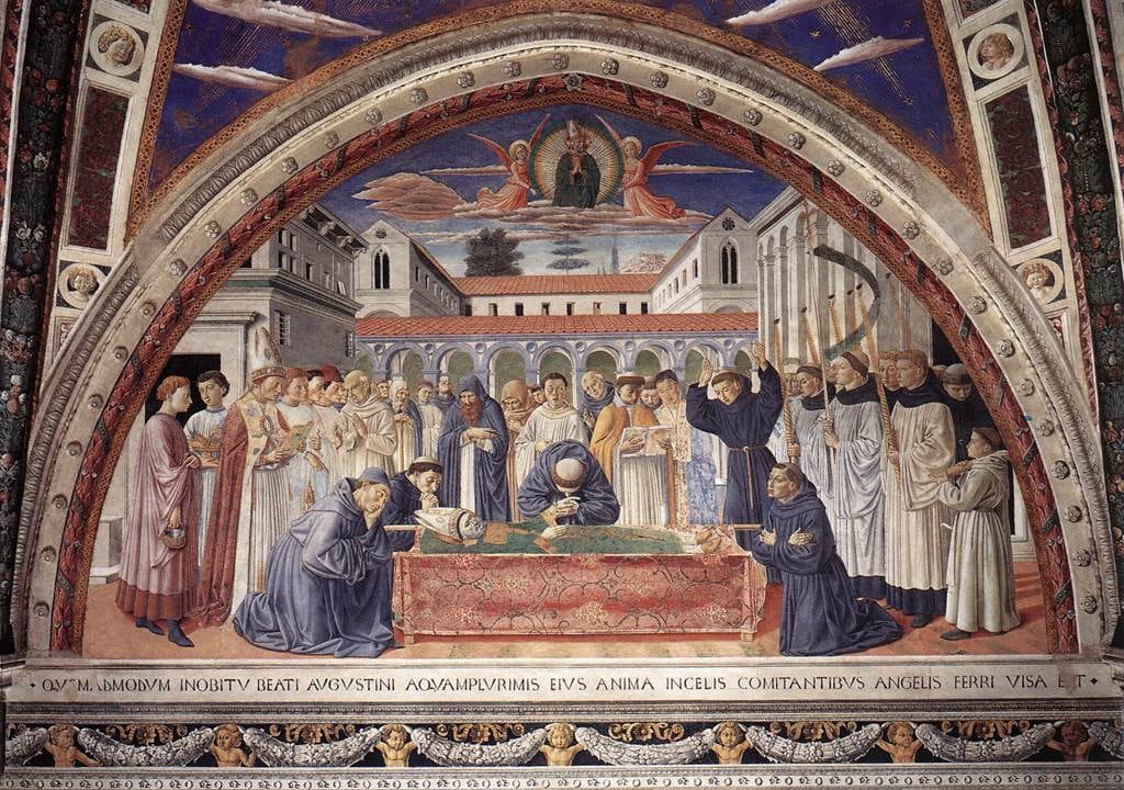 The body of a bishop is laid out with clergy and people gathered around it.