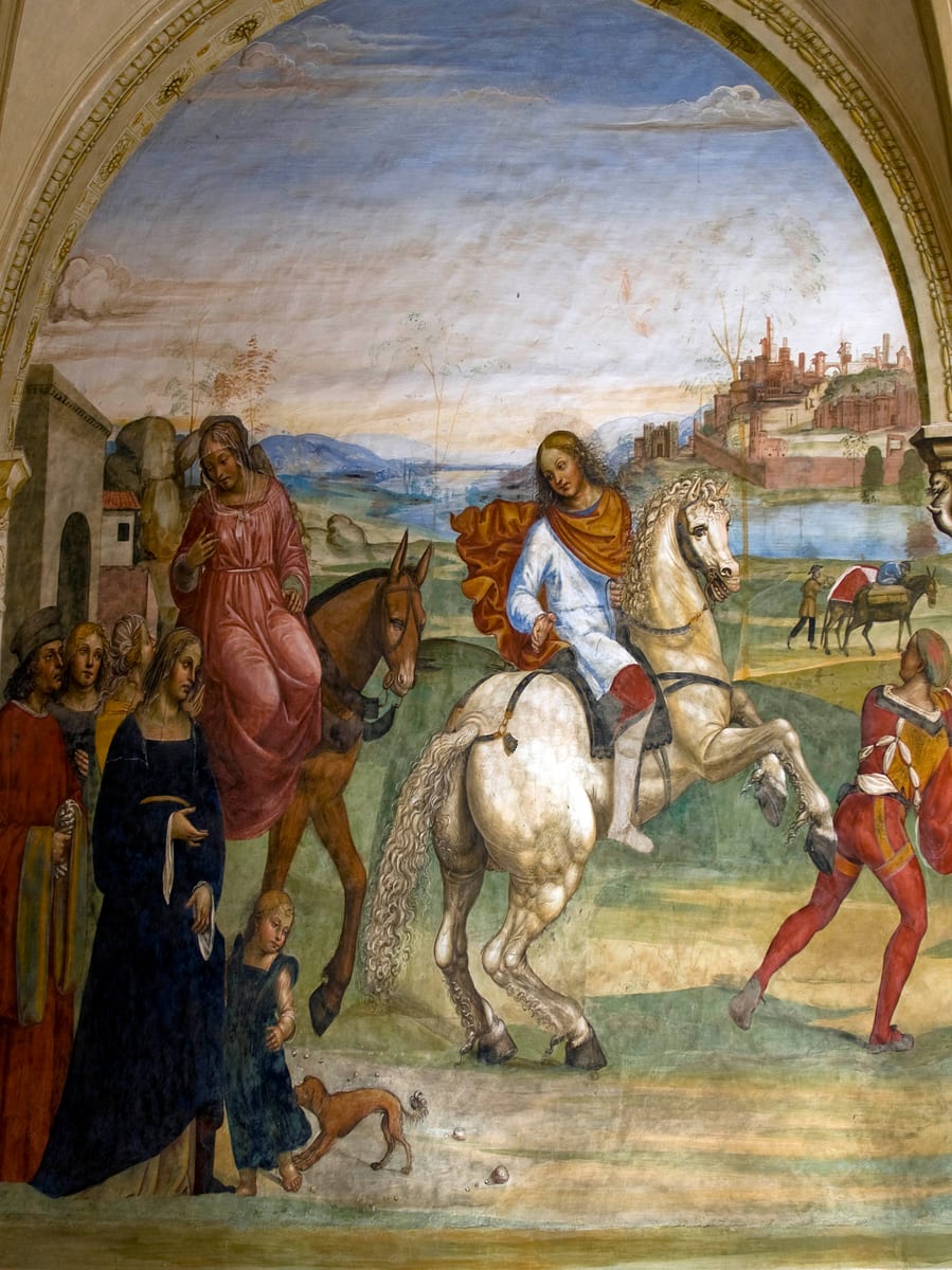 The young St. Benedict leaves his father's house at Nursia with the household and the nurse who went with him, setting out for school in Rome.