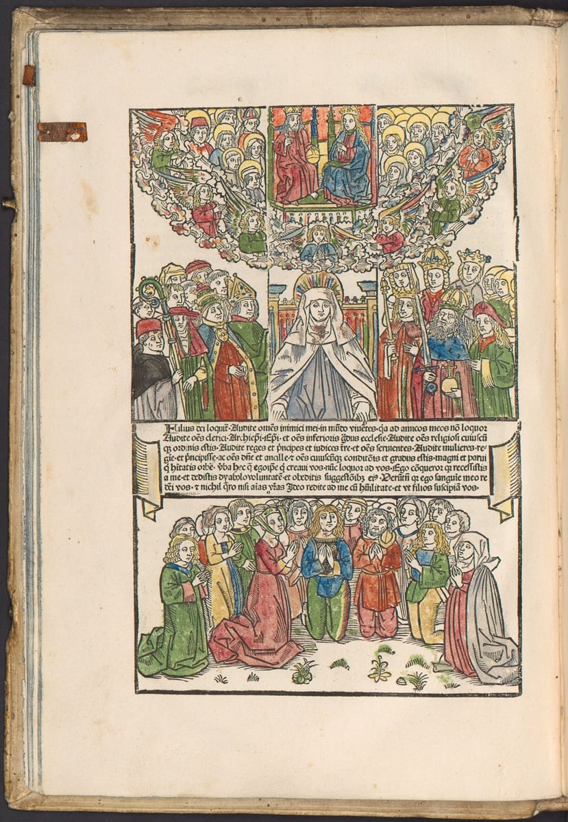 A hand-coloured 1492 woodcut of Saint Bridget, veiled and haloed, enthroned between clergy and princes, with Christ and Our Lady crowned above among angels and saints, and a crowd of kneeling people below.