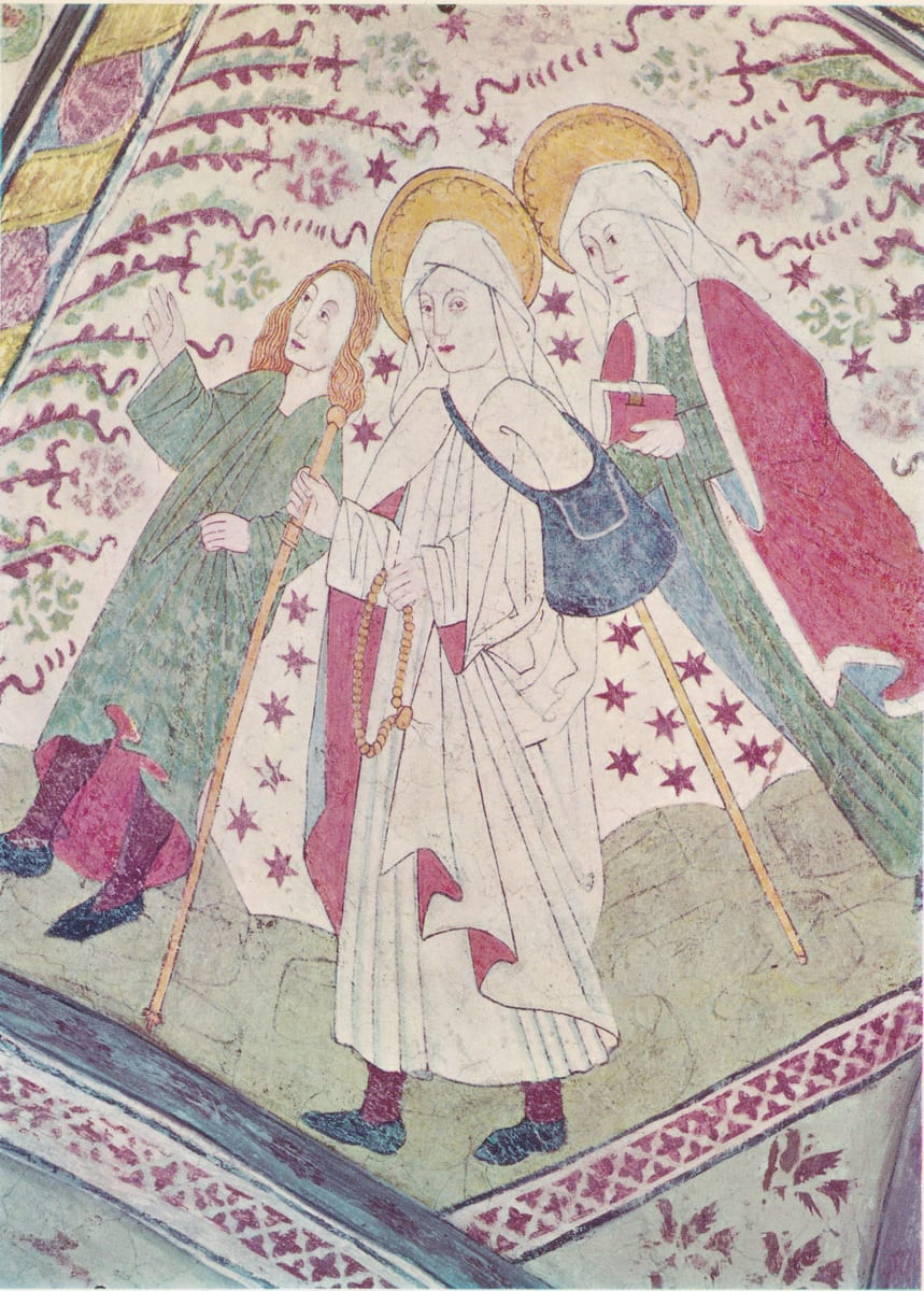 A late-medieval wall painting shows St. Bridget walking as a pilgrim in a white veil and mantle, holding a tall staff and a string of prayer beads.