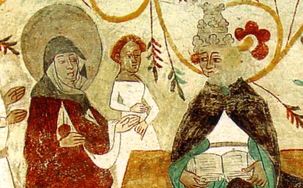 A wall painting from 1437 AD shows St. Bridget in a dark veil and red mantle holding out her hand toward Pope Urban V, who sits in a three-tiered tiara with a book on his lap.