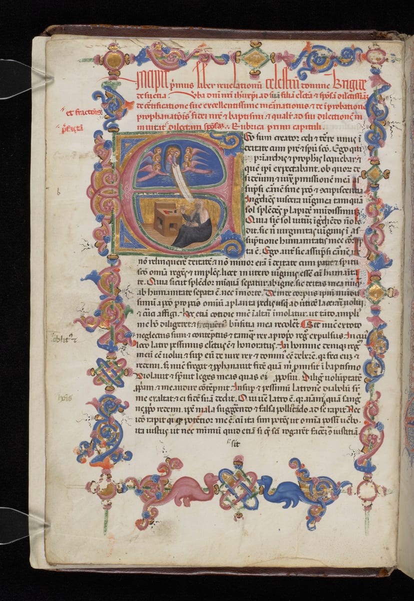 A manuscript initial shows St. Bridget in a black mantle seated beside a small writing desk, her head raised to a long scroll falling from Christ and Our Lady among angels.