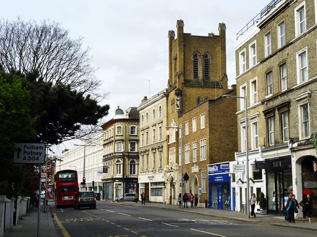 Street view of the Victorian Gothic front of the Servite church of Our Lady of Dolours on Fulham Road, London.
