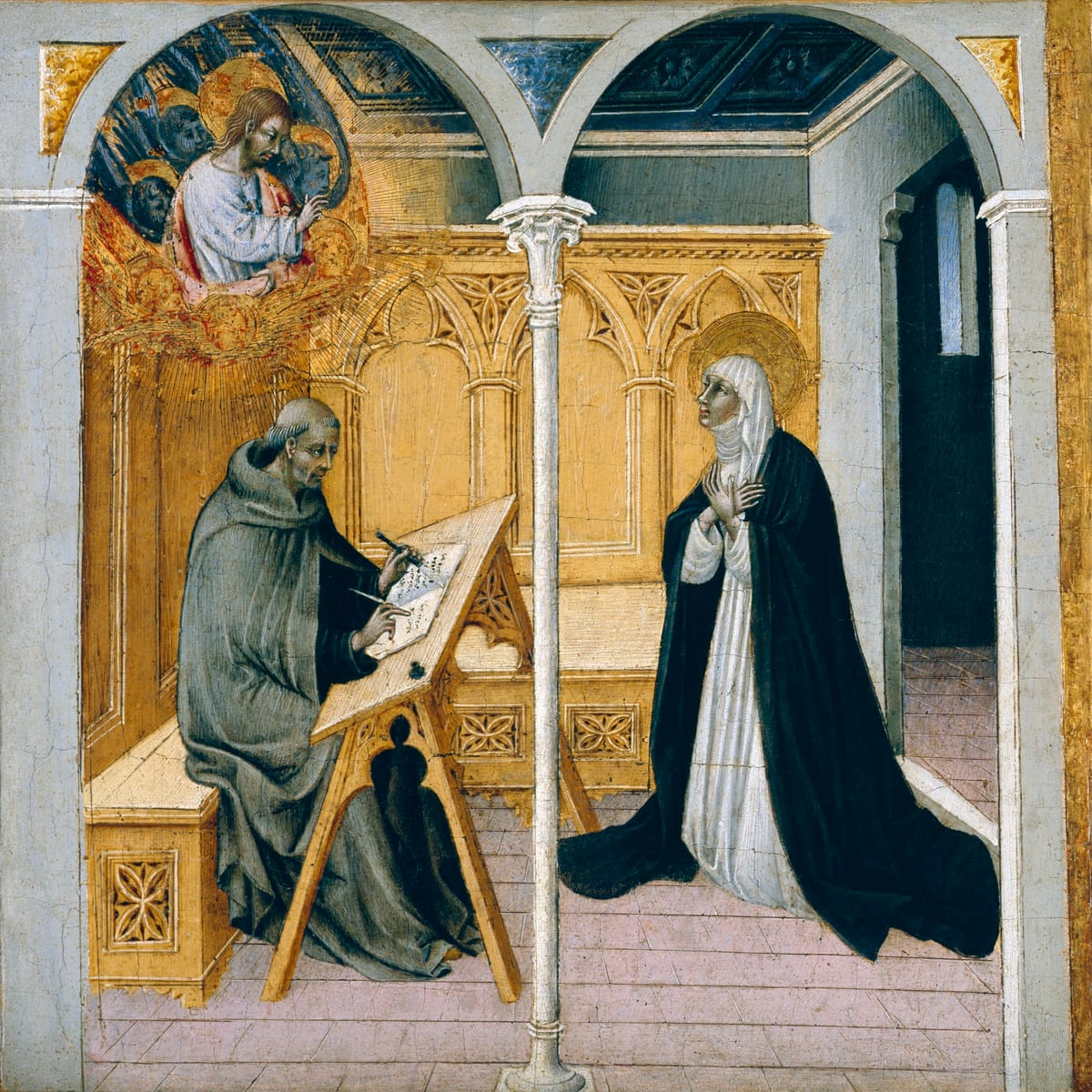 A painted panel of Saint Catherine of Siena dictating her book to a secretary writing at a low desk.