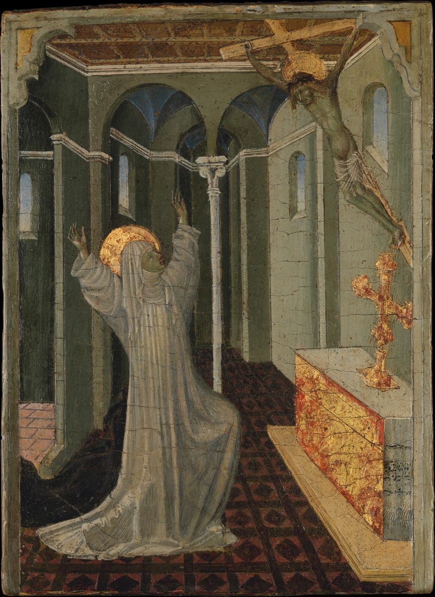 A painted panel of Saint Catherine of Siena before a crucifix, her arms opened as rays reach her hands, feet and heart.