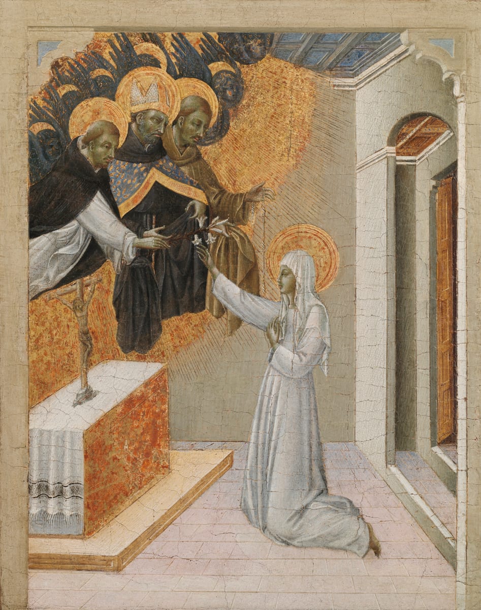 A painted panel showing Saint Catherine of Siena being clothed with the black and white habit of the Dominican Sisters of Penance.