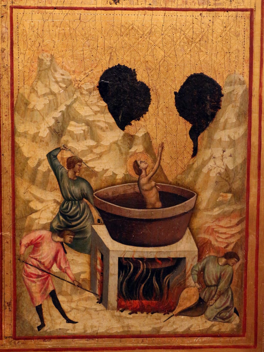 Saint Cecilia is shown in the vaulted bath of her own house, with the executioner in the frame beside her.
