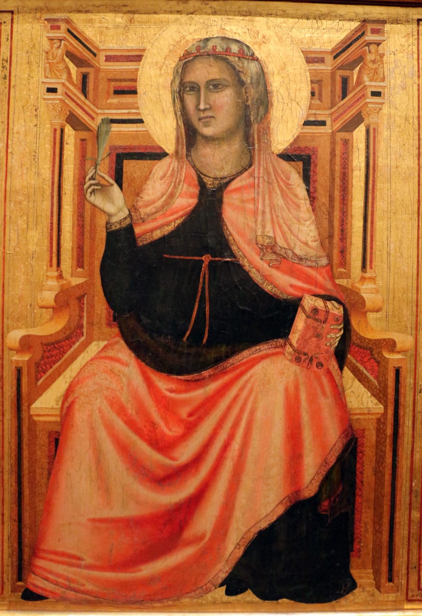 Saint Cecilia sits enthroned, full length and frontal against a burnished gold ground, holding a book in one hand and the palm of martyrdom in the other, in a black gown trimmed with gold, a red mantle and a white-and-pink veil drawn across her throat.