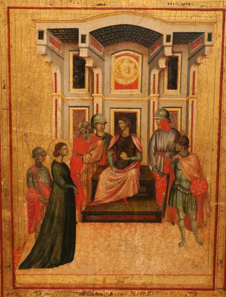Saint Cecilia stands haloed and upright before the seated prefect Turcius Almachius and his attending soldiers in a gold-ground panel painting.