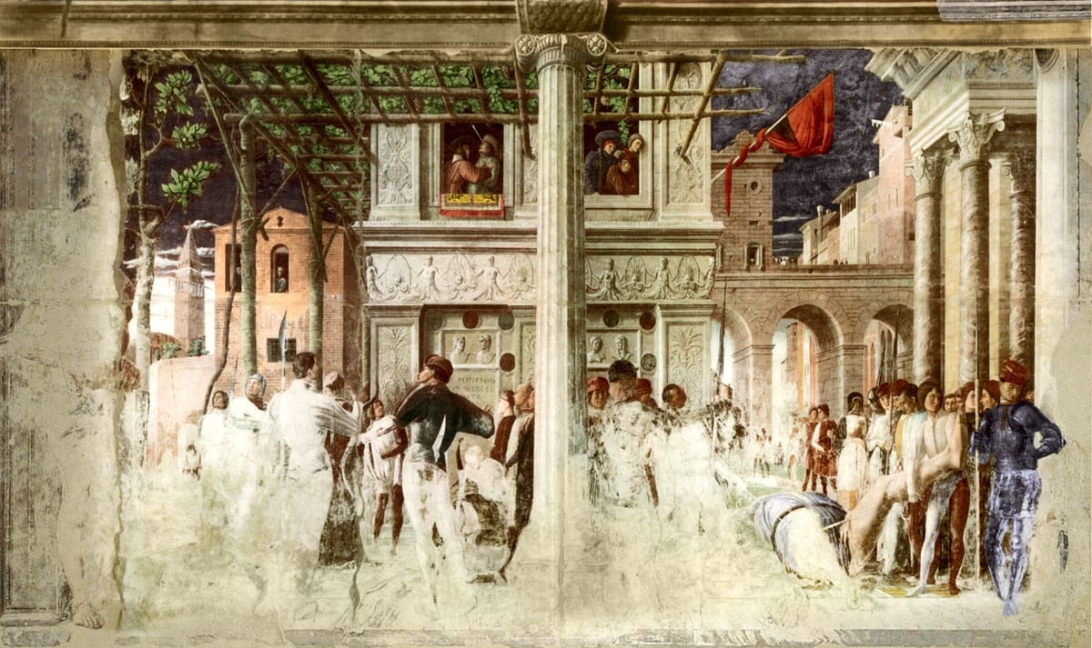 A fresco showing the saint bound under an arch while archers shoot at him, the king struck in the eye at a gallery above, and at the right his decapitated body carried away.