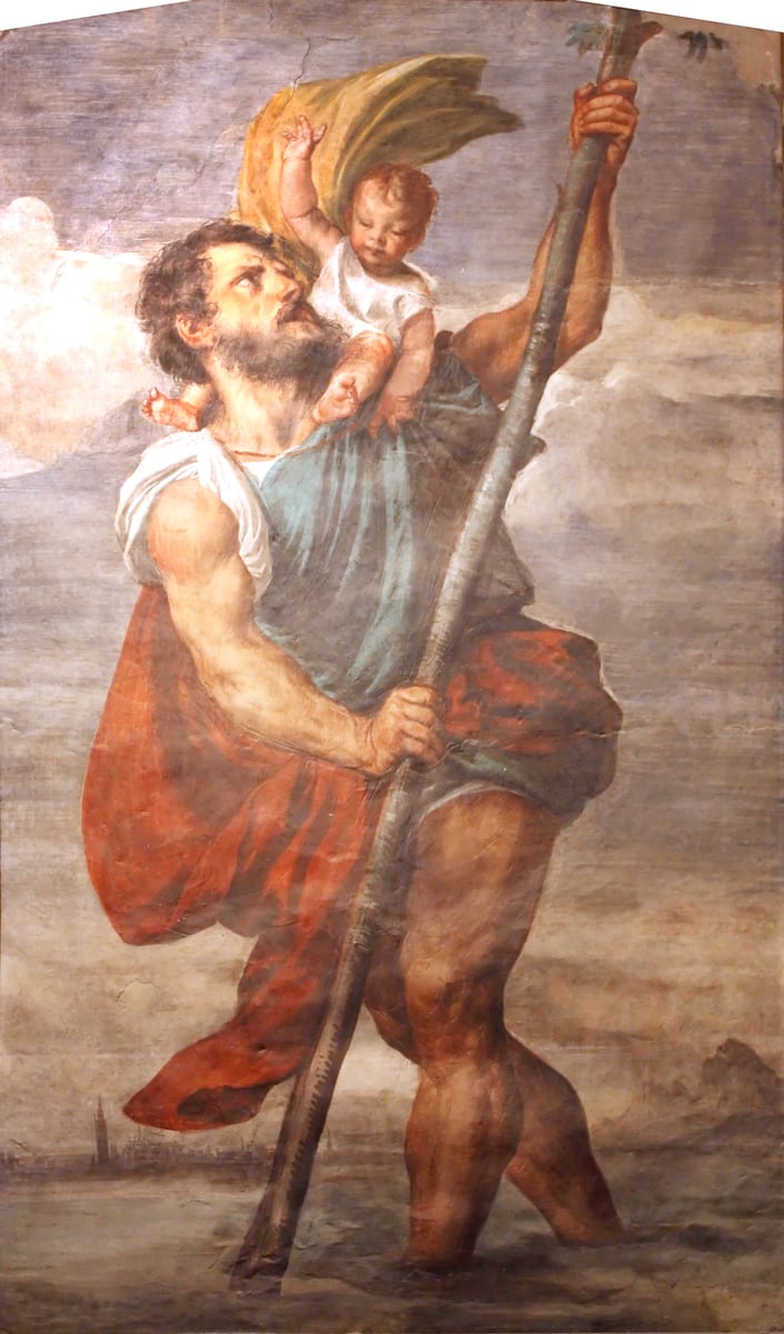 A fresco of a giant wading through water with the Christ Child seated on his shoulder, a great staff braced against the current and the buildings of Venice behind him.