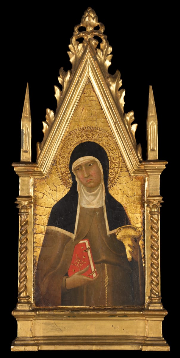 A small gold-ground panel painting of St. Clare shown to the waist in a grey-brown habit, her head turned slightly, in a dark veil over a white wimple.