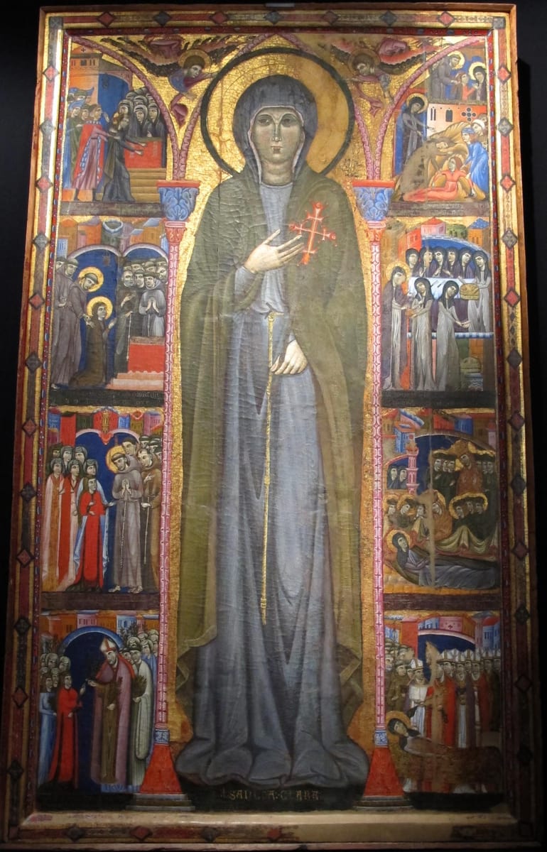 A tall gold-ground panel painting of St. Clare standing barefoot and full length in a long grey habit, with small scenes from her life ranged down both sides.