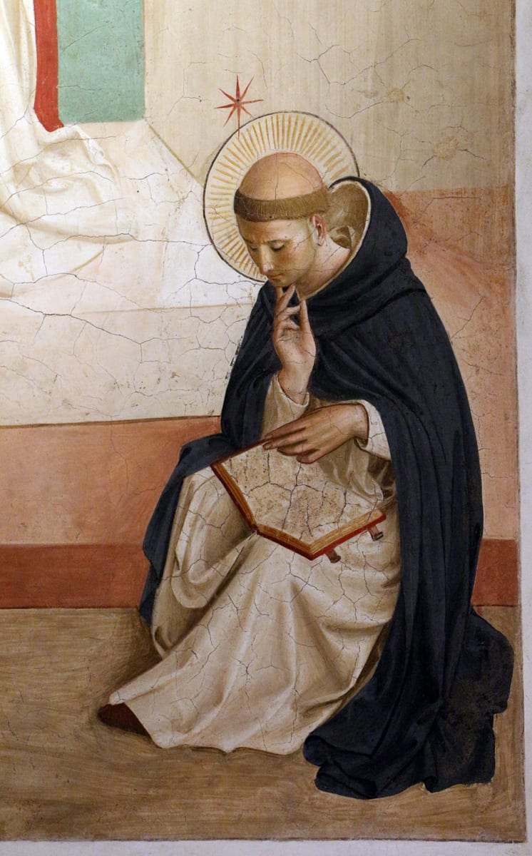A fresco of Saint Dominic in a white habit and black cloak, a golden halo and a small red star above his head, seated on the floor with an open book on his lap and a finger raised to his chin as he reads.