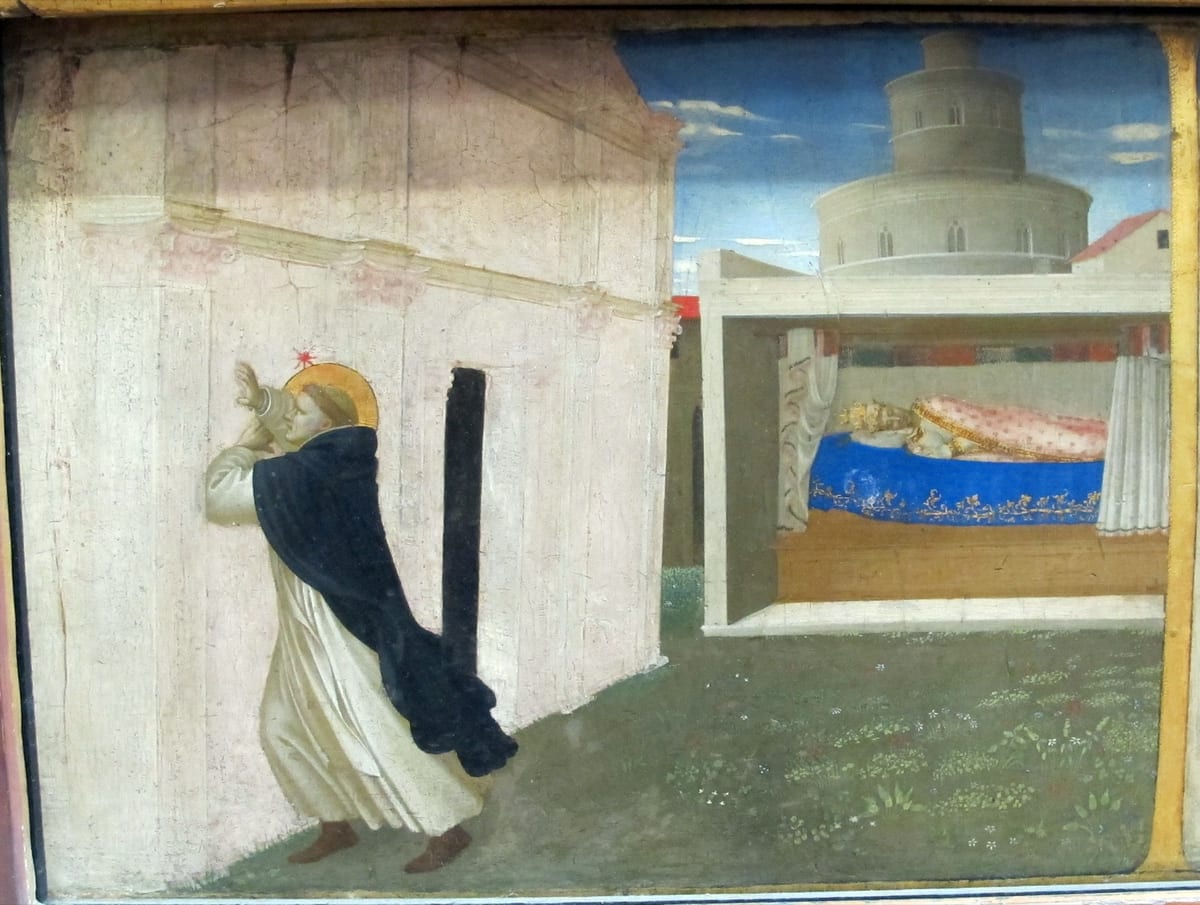 A painted panel shows St. Dominic in a white habit and black cloak holding up the leaning wall of the Lateran basilica while Pope Innocent III sleeps in a curtained bed.