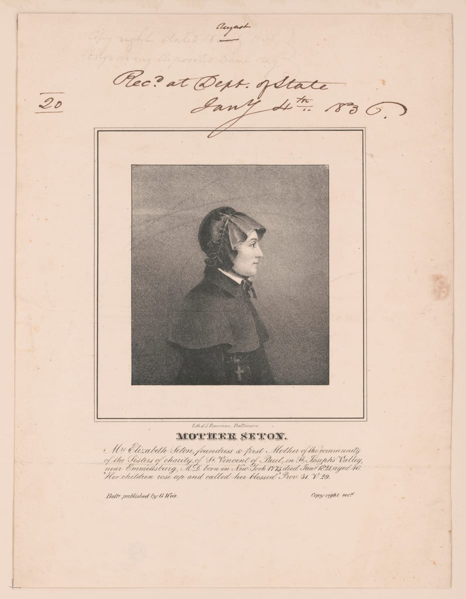 An engraved bust-length portrait of Mother Seton in a black gown, short black cape and white crimped cap tied under the chin.