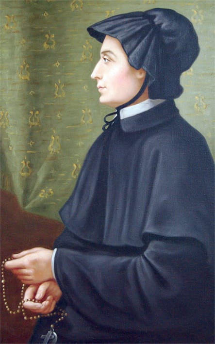 A bust-length painted profile of St. Elizabeth Ann Seton in a plain black gown, short black shoulder cape and white cap bound with black crepe.