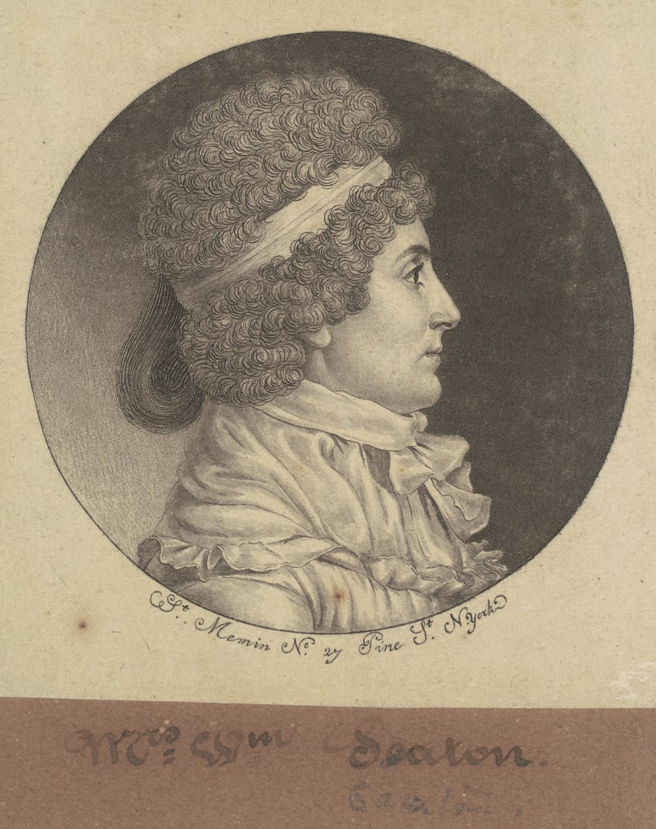 A small circular profile engraving of St. Elizabeth Ann Seton at twenty-three, facing right, in a high-waisted gown with a light kerchief.