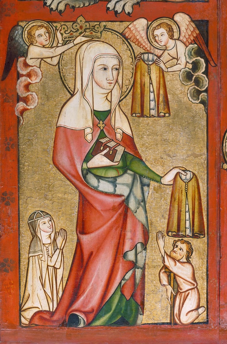 A medieval gold-ground panel painting of Saint Elizabeth, haloed and veiled in a red mantle, holding a book and handing a tunic to a kneeling beggar, while a praying woman kneels at her feet and two angels above hold a crown and another garment.