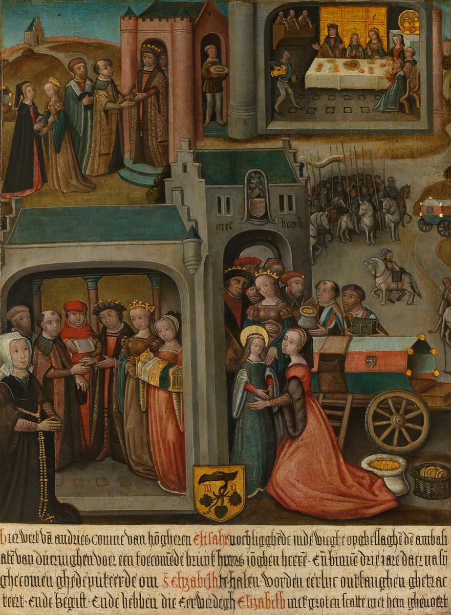 An oil panel of about 1500 AD shows four scenes from the childhood of St. Elizabeth, ending with the small haloed girl taking leave at the gate of Pressburg.