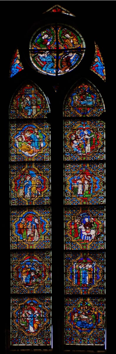 A two-lancet stained-glass window of about 1245–1250 AD in St. Elizabeth's Church at Marburg tells her life in medallions, one of them showing her embracing Ludwig as they part.