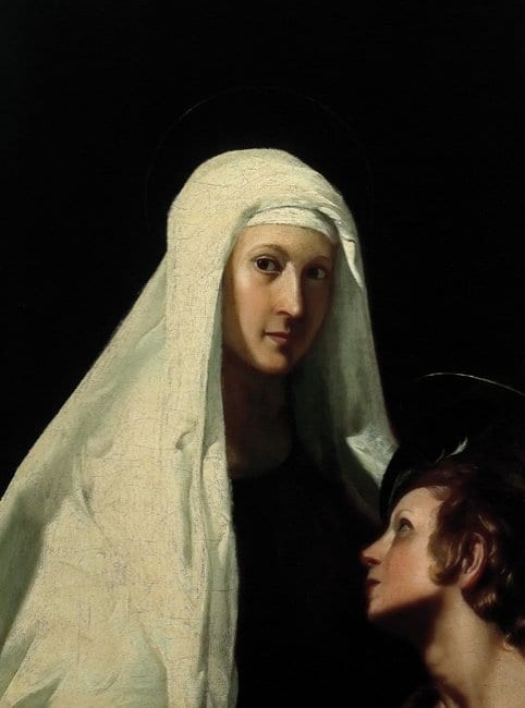A painting of St. Frances of Rome in a white veil and black gown, looking out at the viewer, with her angel, a boy with chestnut curls, looking up at her from the lower right.