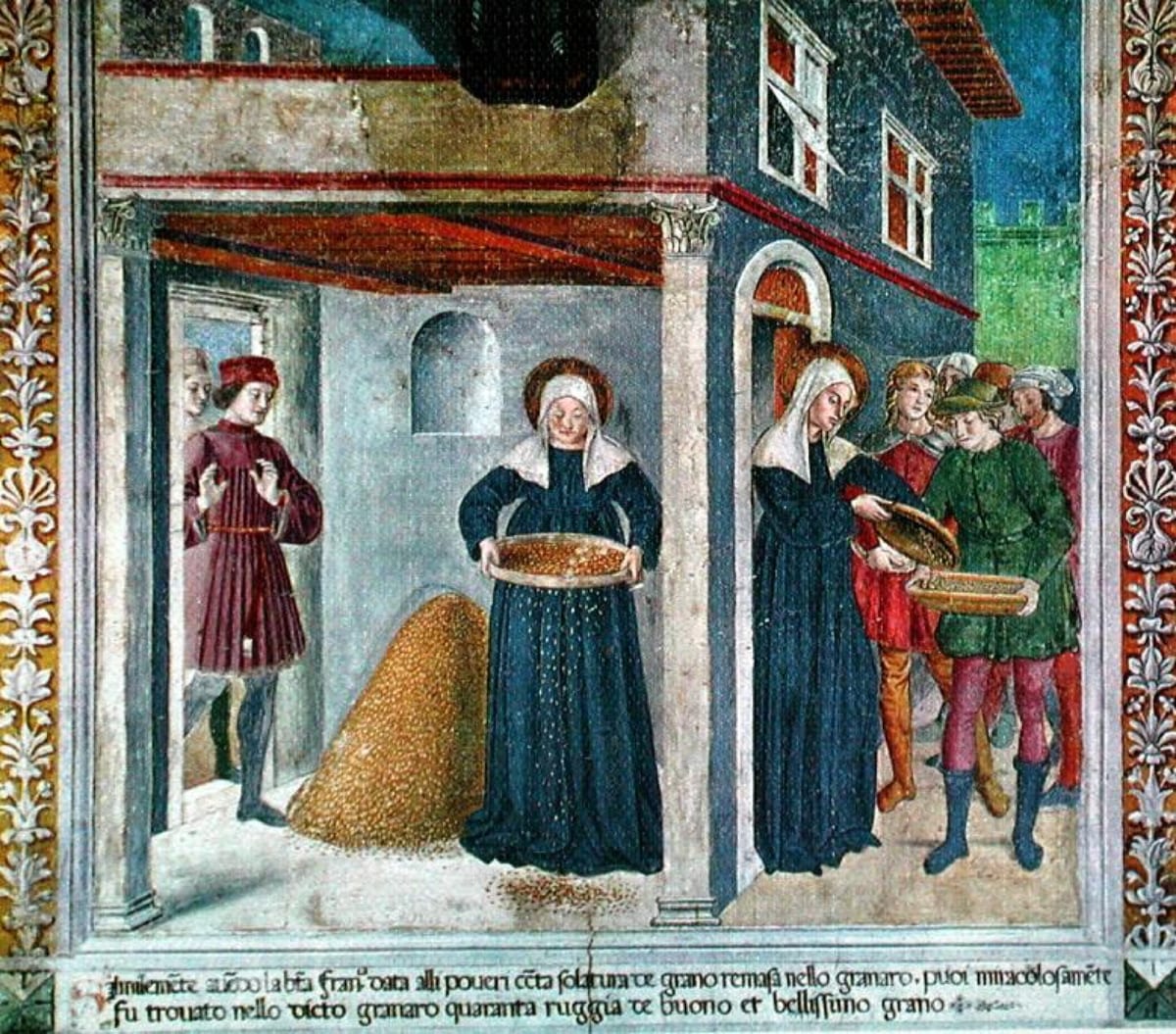 A fresco shows St. Frances of Rome shaking a round sieve of golden grain inside a granary and, at the door, tipping the sieve into a tray held by a man in a green tunic.