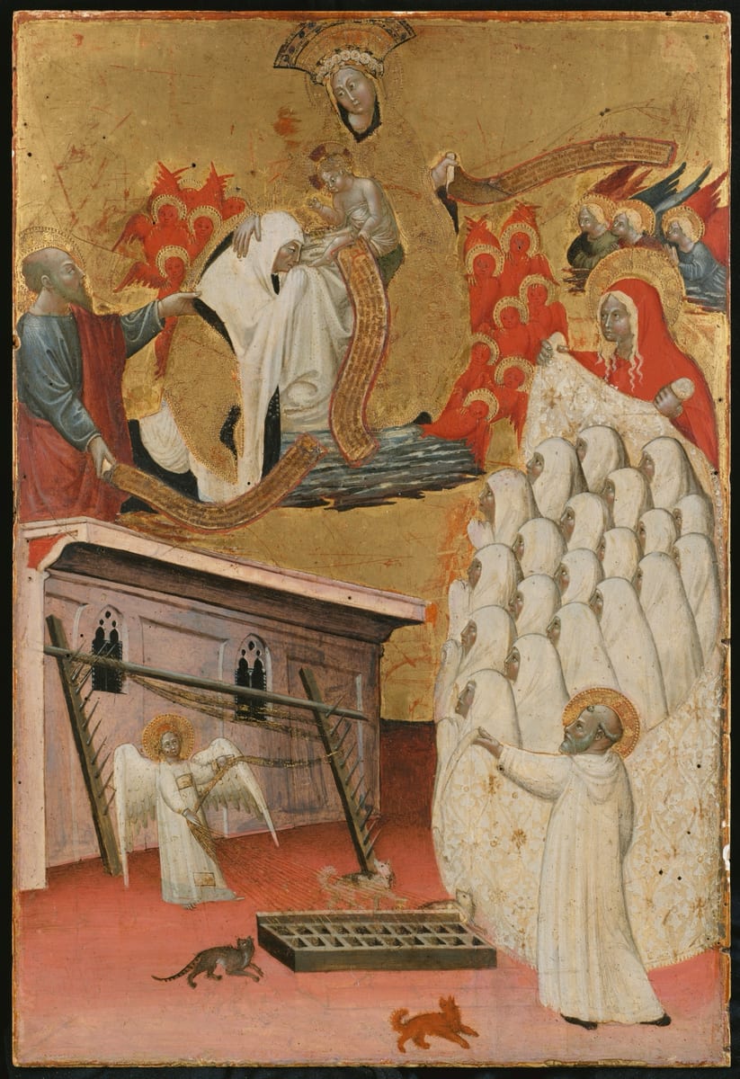 A gold-ground panel painting shows St. Frances of Rome, wrapped in a white mantle over black, kneeling in profile against Our Lady, who holds the Child.